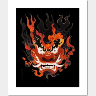 Flaming Traditional Oni Mask Posters and Art